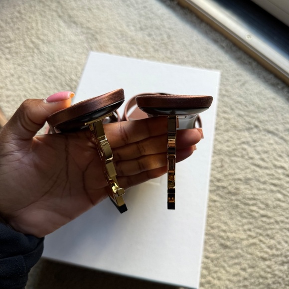 Saint Laurent Opyum YSL Logo-Heel Satin Slide Sandals - Picture 5 of 7